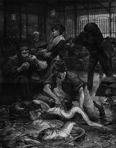 Un coin de la Halle aux Poissons le matin (1880). Gravure d