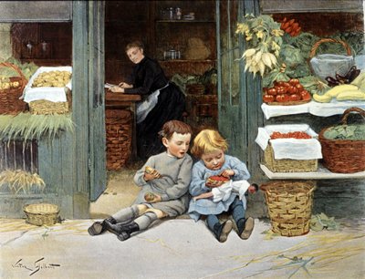 Deux enfants mangent une pomme et des fraises. Illustration - Victor Gabriel Gilbert