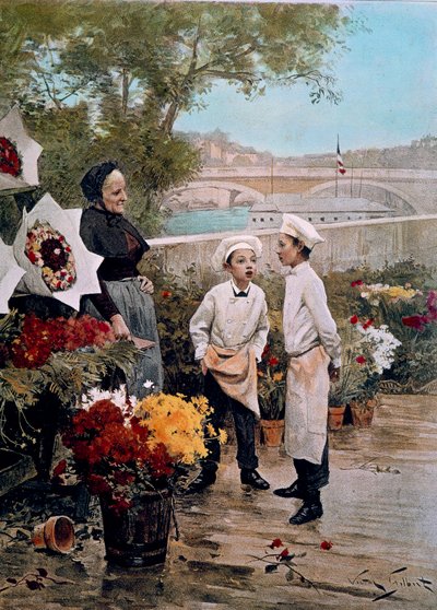 La fête du patron Apprentis fleuristes et une boutique de fleurs sur les quais. Gravure d