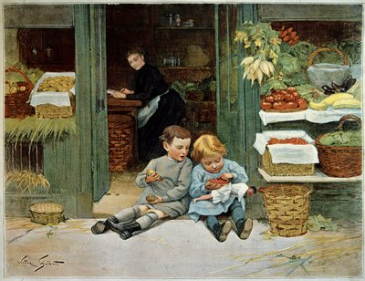 Tour lui. Enfant mangeant du pain grillé devant les courses de leur mère. La petite fille a une poupée sur ses genoux - Victor Gabriel Gilbert