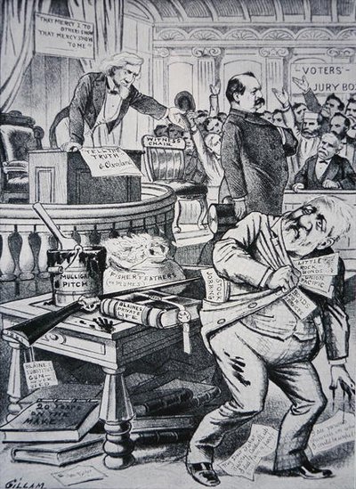 Grover Cleveland (1837-1908) disant la vérité sur sa vie privée, tandis que son adversaire James Blaine (1830-93) est dépeint comme corrompu - Victor Gillam