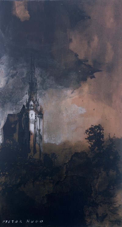 Le Château au clair de lune (plume et encre de Chine, sépia et gouache sur papier) - Victor Hugo