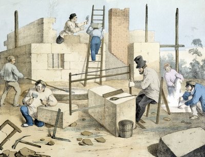 Le maçon, le tailleur et le scieur de pierre. Lithographie de Janson. XIXe siècle. - Victor Janson