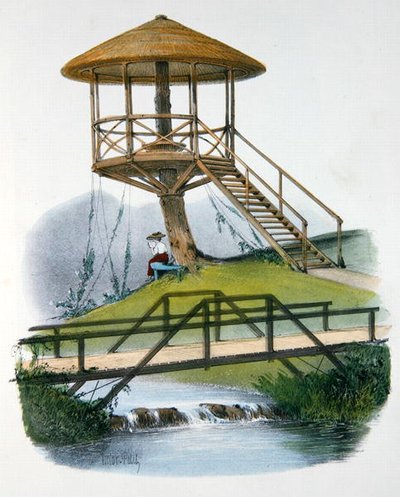 Une cabane et un pont rustique au Parc de la Motte, Bourgogne, illustration de 