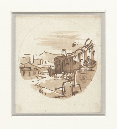 Esquisse rapide de bâtiments classiques, un temple et un portique dans un mur courbé - Victor Jean Nicolle