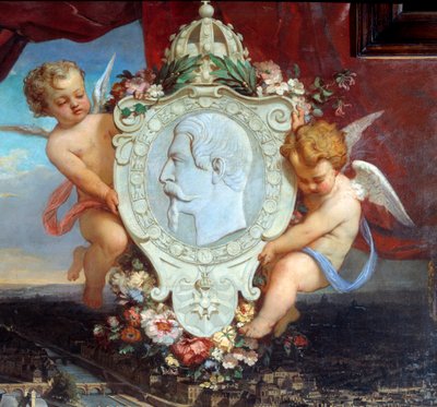 (détail) Le Louvre de Napoléon III, Vue du Palais du Louvre et portrait de Napoléon III (1808-1873) en médaillon - Victor Joseph Chavet