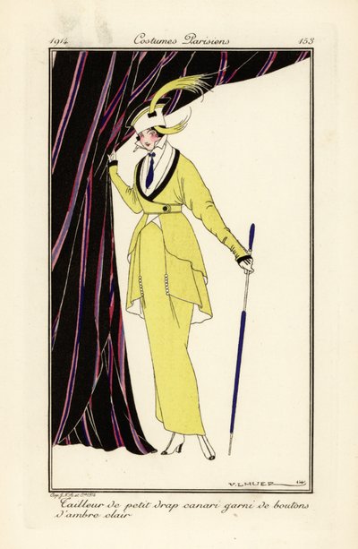 Femme en robe jaune canari avec des boutons d