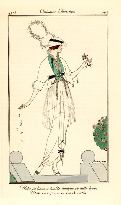 Femme en robe de linon avec double tunique en tulle brodé, petite casaque à revers de satin - Victor Lhuer