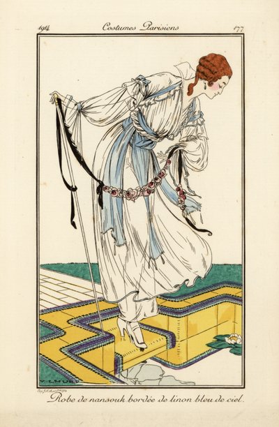 Femme en robe de nainsook bordée de lin bleu ciel - Victor Lhuer