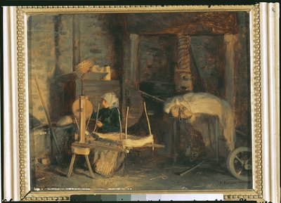 Une femme âgée filant du chanvre près d