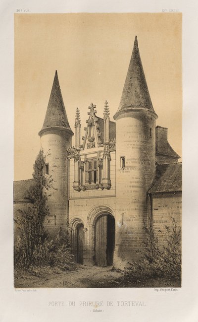 Architecture Pittoresque ou Monuments des XVeme et XVIeme Siècles: Châteaux de France des XV et XVI Siècles: Pl. 96, Porte du Prieuré de Torteval (Calvados) - Victor Petit