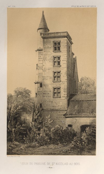 Architecture Pittoresque ou Monuments des XVeme et XVIeme Siecles: Chateaux De France des XV et XVI Siecles: Pl. 44, Tour Du Prieuré De St. Nicolas-Au-Bois (Aisne) - Victor Petit