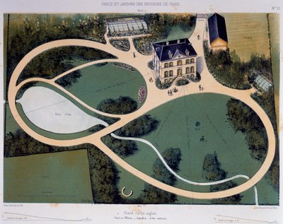 Grand jardin anglais de 6300 mètres carrés, Illustration tirée de Parcs et Jardins des environs de Paris, vers 1850, Lithographie de Victor Petit (1818-1871), France - Victor Petit