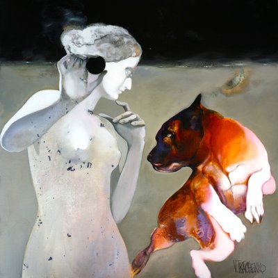 Une femme pensive et son chien - Victor Tkachenko
