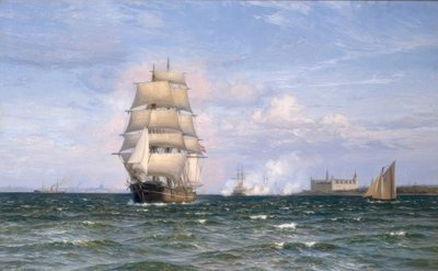 Navire danois devant le château de Kronborg et Helsingør au loin - Vilhelm Arnesen