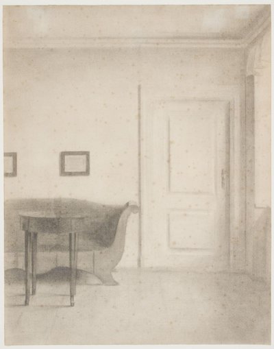 Intérieur avec canapé et petite table, à droite une porte - Vilhelm Hammershøi