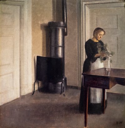 Intérieur avec une femme arrangeant des fleurs dans un vase - Vilhelm Hammershoi