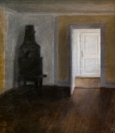 La porte blanche (Intérieur avec le vieux poêle) - Vilhelm Hammershoi
