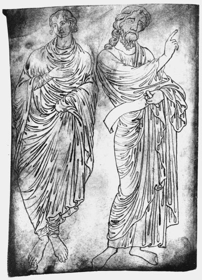 Copie fac-similé de Ms Fr 19093 fol.28 Figures de deux apôtres ou prophètes (encre sur papier) - Villard de Honnecourt