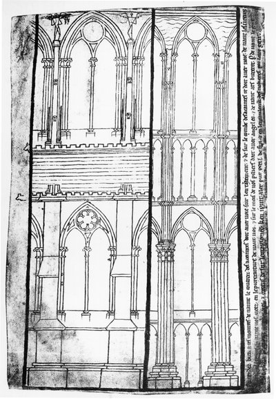 Copie fac-similé de Ms Fr 19093 fol.31v Élévation extérieure et intérieure des murs latéraux de la cathédrale de Reims - Villard de Honnecourt