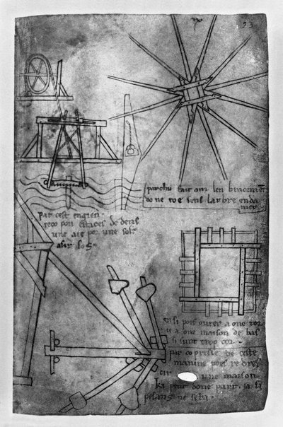 Divers moteurs et instruments : scie sous-marine pour pieux, embrasure de roue, redressement de support pour maison penchée, assemblage de pièces en bois court (copie fac-similé) - Villard de Honnecourt