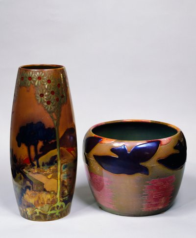 Vases avec paysage et oiseaux, par Zsolnay Vilmos. Hongrie, 20e siècle - Vilmos Zsolnay