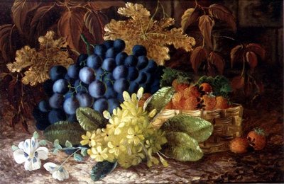 Nature morte de raisins et un panier de fraises sur une berge moussue - Vincent (after) Clare