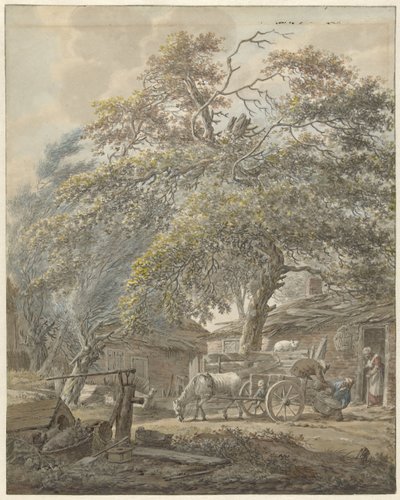 Cour de ferme avec deux hommes chargeant un berceau sur une charrette - Vincent Jansz. van der Vinne