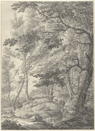 Paysage forestier avec un petit pont en bois et deux promeneurs - Vincent Jansz. van der Vinne