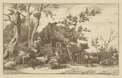Berger assis avec du bétail devant une grange en ruine - Vincent Jansz. van der Vinne
