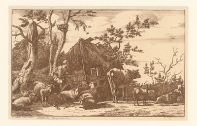 Berger assis avec du bétail devant une grange en ruine - Vincent Jansz. van der Vinne