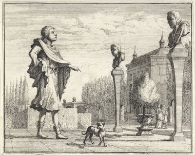 Homme près de deux hermès dans un jardin formel - Vincent Laurensz. van der Vinne (II)