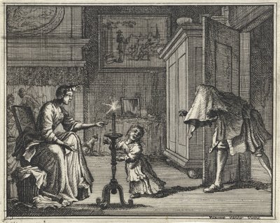 Un père effraie un enfant dans un intérieur - Vincent Laurensz. van der Vinne (II)