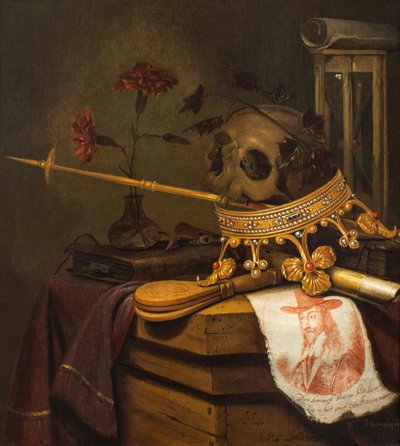 Nature morte de vanité avec un crâne, une couronne, un sceptre, une flûte, un soufflet, un sablier, des œillets dans un vase en verre, un parchemin, un livre et un portrait gravé de Charles Ier - Vincent Laurensz van der Vinne