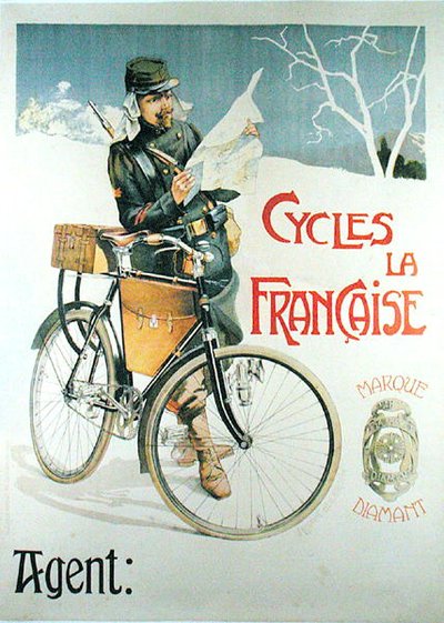 Soldat avec son vélo lisant une carte, affiche publicitaire pour les cycles 