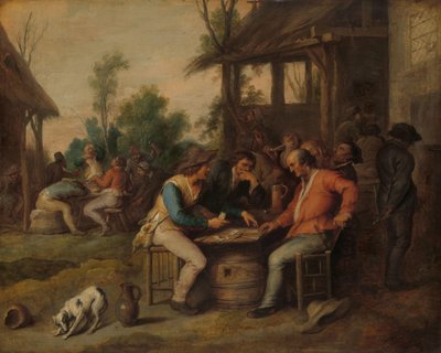 Deux hommes jouant aux cartes devant une auberge de campagne - Vincent Malò (II) (attributed to)
