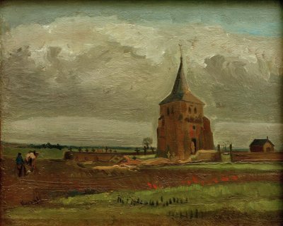 La vieille tour du cimetière à Nuenen avec un paysan labourant - Vincent van Gogh