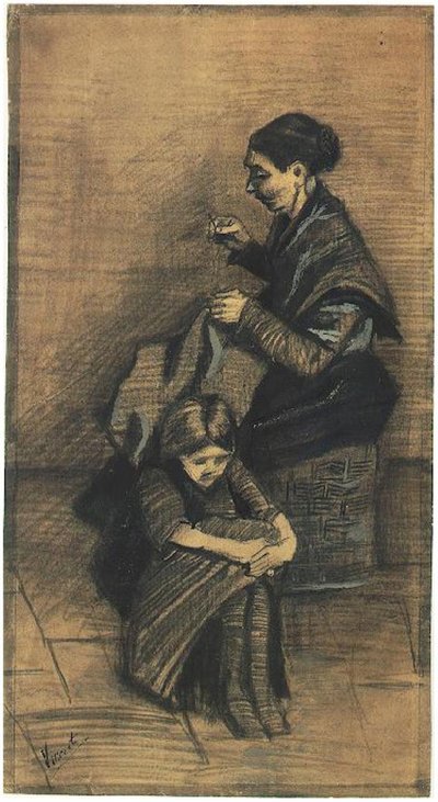 Sien assise sur un panier, avec une fille - Vincent van Gogh