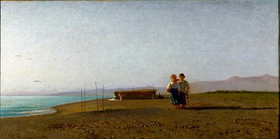Vue de la plage de Viareggio au matin sur la côte toscane, deux silhouettes d