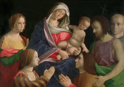Madone et enfant avec Saint Jean-Baptiste, deux saints et des donateurs - Vincenzo di Biagio (follower of) Catena