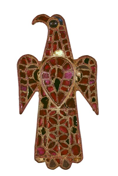 Fibule wisigothique en forme de hâte, VIe siècle, Bronze et pâte de verre par la technique cloisonnée - Visigothic Visigothic