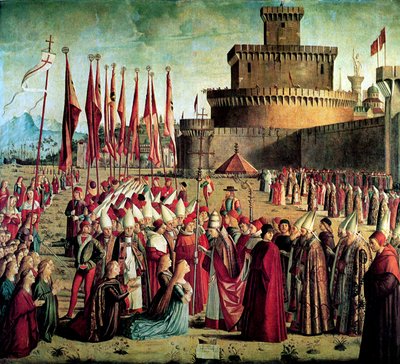 Les pèlerins sont accueillis par le pape Cyriacus devant les murs de Rome La légende de Sainte Ursule, 1497 - Vittore Carpaccio