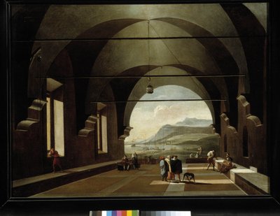 Galerie voûtée avec paysage marin en arrière-plan - Viviano Codazzi