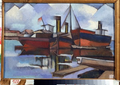 Bateaux à vapeur. Peinture de Vladimir Davidovich Baranov Rossine (Baranov-Rossine) (Wladimir Daniel Baranoff Rossine (Baranoff-Rossine) (1888-1944) - Huile sur toile, 35,5 x 51,5 cm - Vladimir Davidovich Baranov Rossine