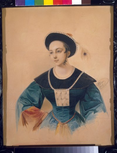 Portrait de la soprano Anna Stepanova (1816-1838) pour le rôle de Peki dans Le Cheval de Bronze de Daniel Auber. - Vladimir Ivanovich Hau