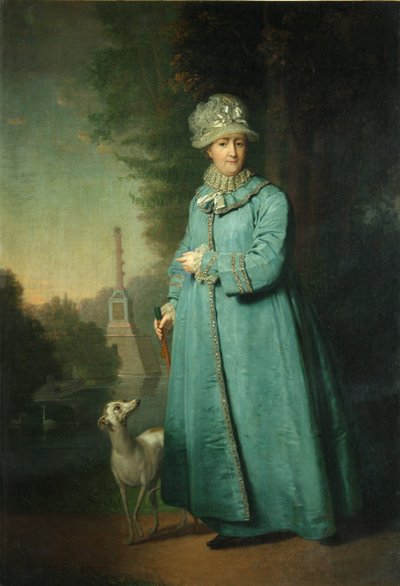Catherine II se promenant dans le parc de Tsarskoïe Selo avec la colonne de Chesme en arrière-plan, 1794 - Vladimir Lukich Borovikovsky