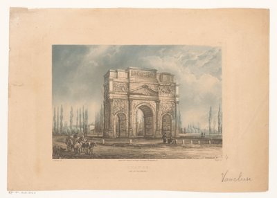 Landschap met de triomfboog van Orange met reizigers - Vogel (prentmaker)