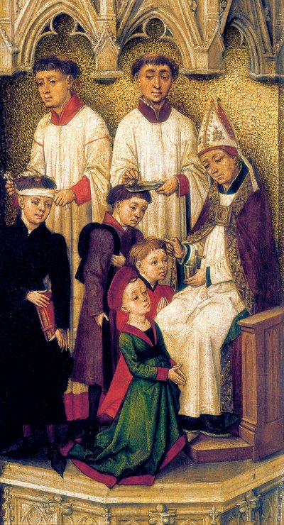 Triptyque de la Rédemption, détail des arches et du porche qui surmontent le panneau central, décrivant le sacrement de confirmation - Vrancke van der Stockt