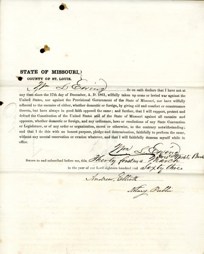 Serment de loyauté de Wm. L. Ewing du Missouri, Comté de St. Louis - W.L. Ewing
