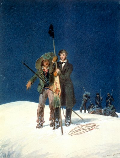 Charles Fellows avec William Hawes, plante un bâton au sommet du Mont Blanc - WS Hastings